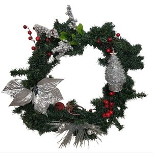Handmade Christmas Wreath Silver Poinsettia & Red Berries Holiday Decor